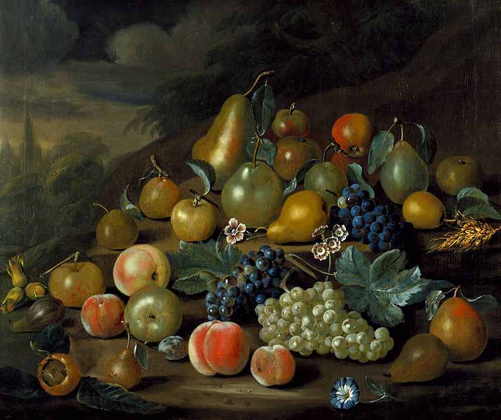 A Still Life of Pears, Peaches and Grapes